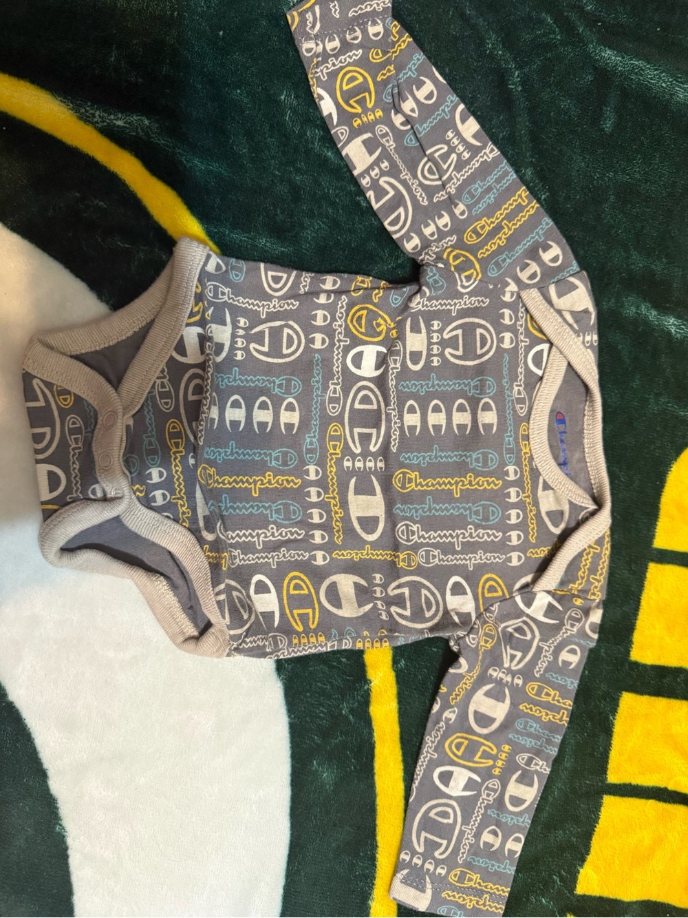 Champion Grey Long-Sleeve Logo-Print One-Piece with Yellow & Blue Accents